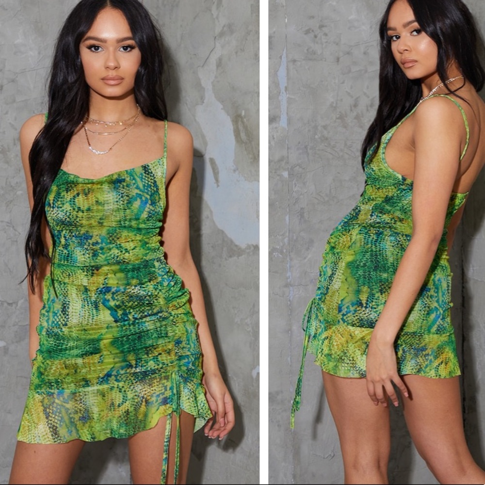 Green Mesh Croc Print Ruched Bodycon Dress